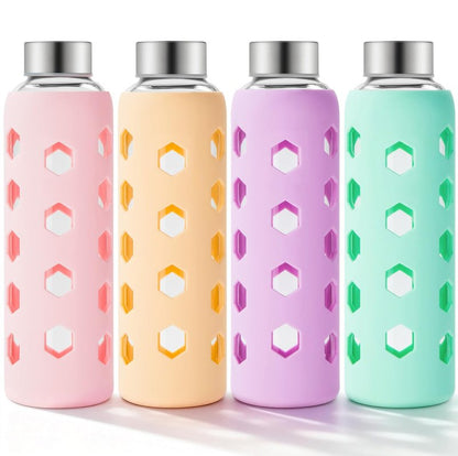 Mrsdry Glass Juice Bottles with Lids and Silicone Sleeves 18 oz, 4-Pack Reusable Clear Glass Water Bottles with Stainless Steel Airtight Cap for Juicing, Refrigerator, BPA Free Leak-Proof Drinking Jar