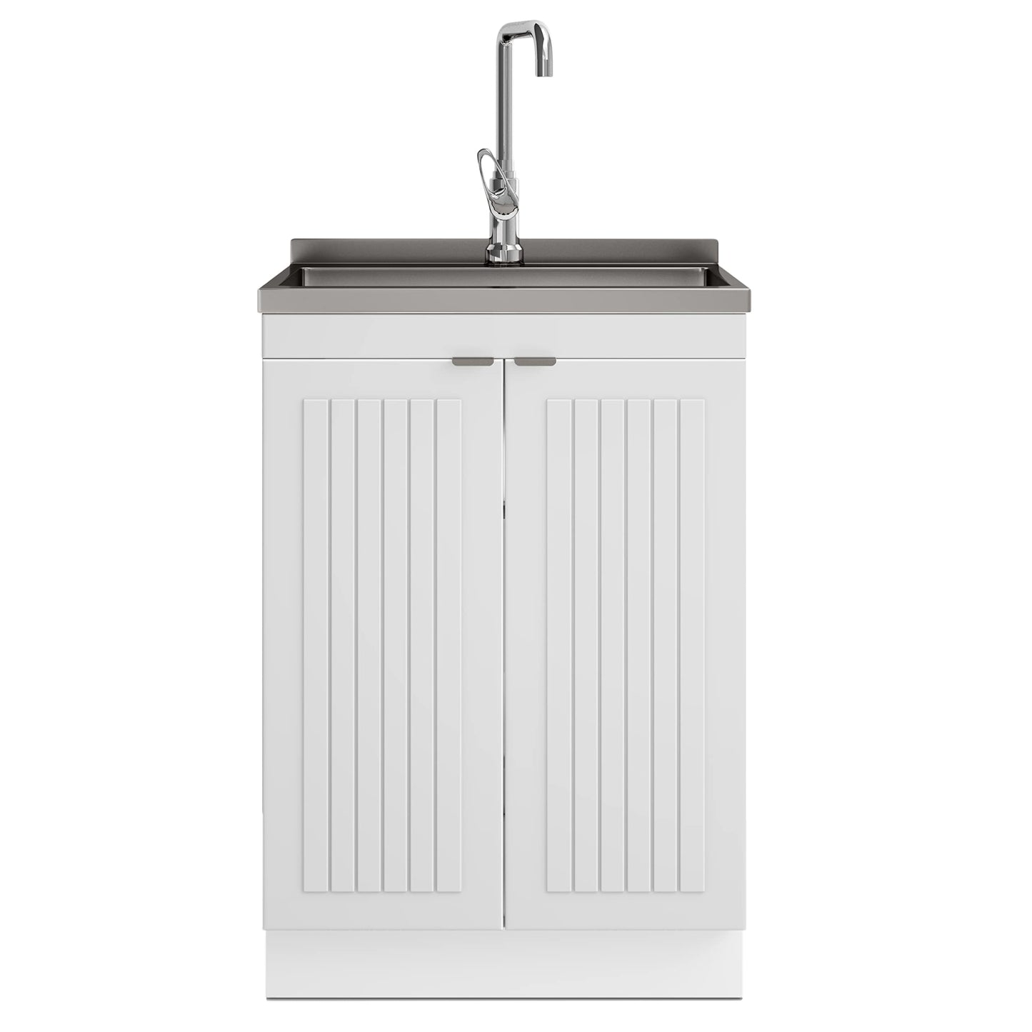 SIMPLIHOME Murphy All-in-One 24 inch Wide Utility Sink and Laundry Cabinet in Pure White Finish, Transitional Stainless Steel Sink Cabinet for Laundry Rooms with High-Arch Chrome Faucet and Storage