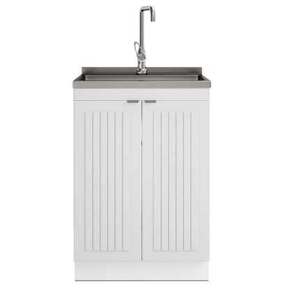 SIMPLIHOME Murphy All-in-One 24 inch Wide Utility Sink and Laundry Cabinet in Pure White Finish, Transitional Stainless Steel Sink Cabinet for Laundry Rooms with High-Arch Chrome Faucet and Storage