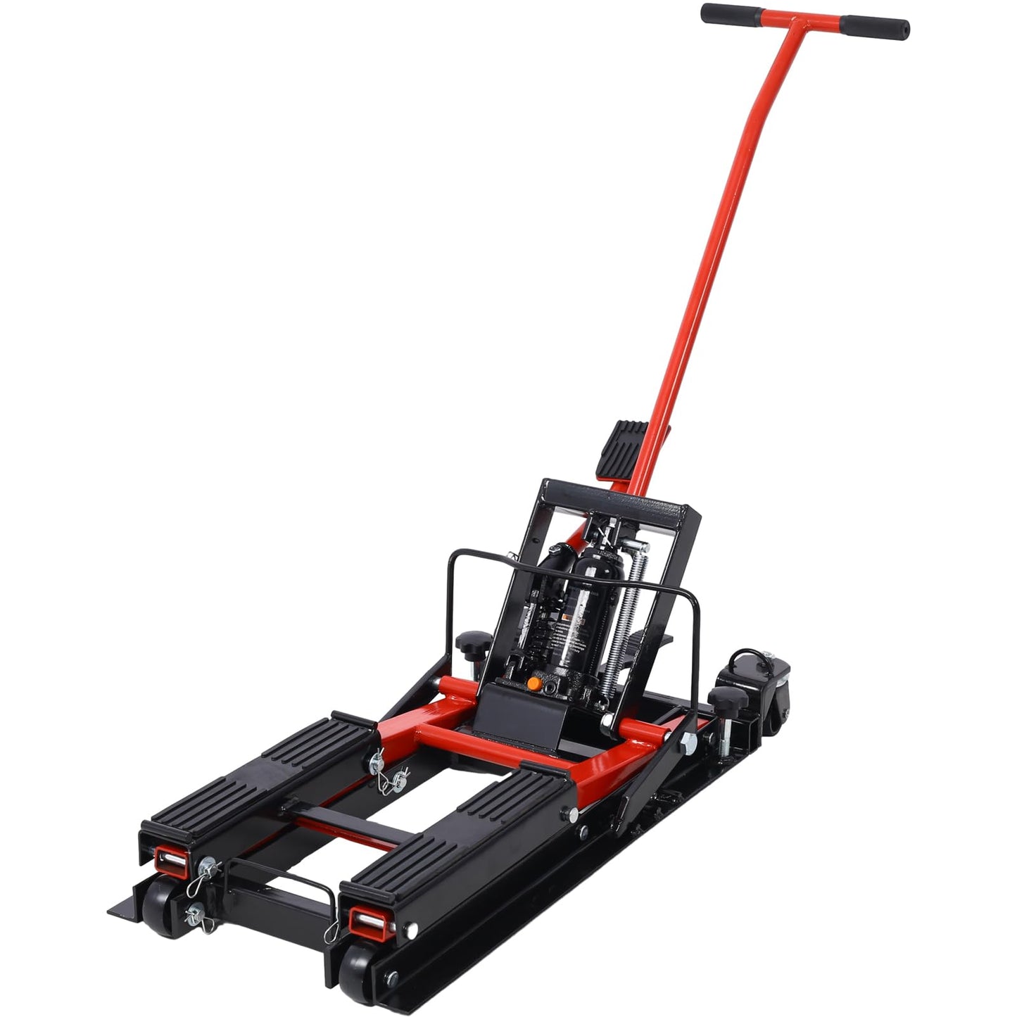 SPOFLYINN Hydraulic Motorcycle Lift Jack Foot-Operated Motorcycle Lift Table with 4 Wheels 1500 LBS Capacity 4.5" - 15" Lifting Range Black+red