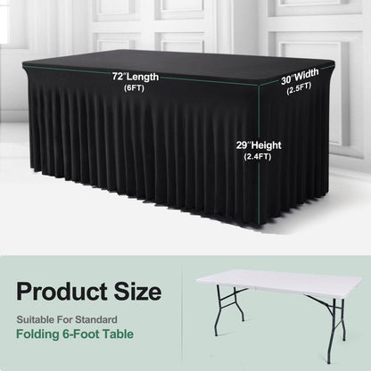 BDDC Table Skirts for Rectangle Tables 6ft - One-Piece Black Tablecloths and Skirt, Wrinkle Resistant Ruffles Elastic Cover for Banquets, Weddings, Events, Parties