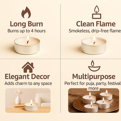 Anchals Collection Tea Light Candles Unscented White Wax Pack of 100 Long Burning Tealights for Diwali Decoration Pooja Home Decor Wedding Spa Meditation Aromatherapy
