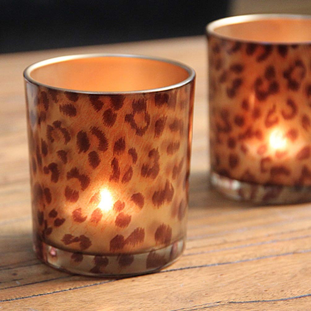 OSALADI Glass Candle Holder Tealight Stand Cup Fragrance Warmer Leopard Print Candlestick Holder Desktop Centerpiece for Home Wedding Decor