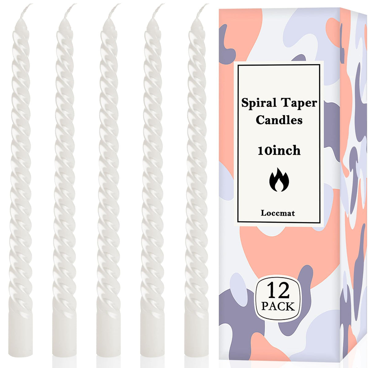 Loccmat 12 Pcs Spiral Taper Candles,s,10 Inch Unscented Tapered Candles Dripless Spiral Candlesticks,Long Candle Sticks White Taper Candles,White Twisted Candles for Dinner,Wedding,Party,Home Decor