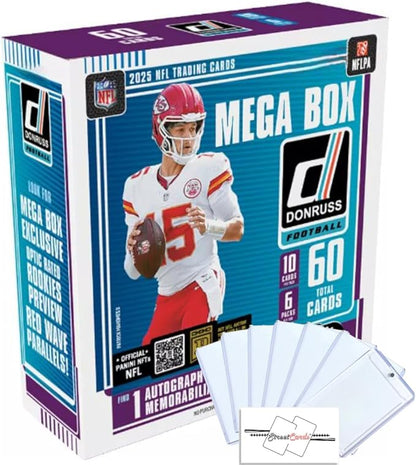 2025 Donruss Football Mega Box with 60 Total Trading Cards + 6 Toploaders + Magnetic Holder and StreetCards Magnet! Look for Downtown!