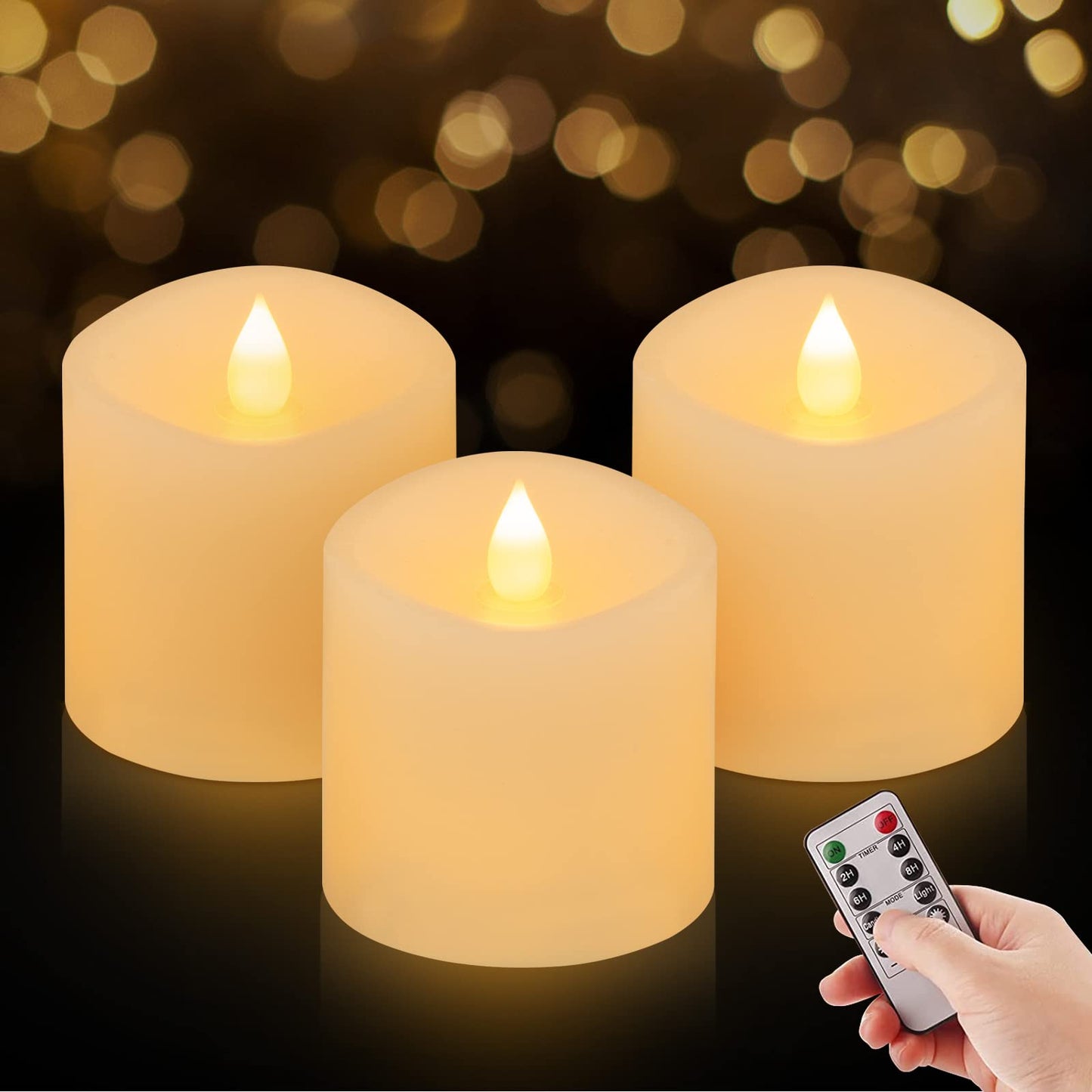 ASLDOIWEH 3x3 Flickering Flameless Candles Set of 3, 2AA Battery Life 600 Hours Battery Candles Flickering with Timer,3 inch Flameless Candles with Remote for Indoor/Outdoor, Ivory