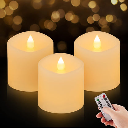 ASLDOIWEH 3x3 Flickering Flameless Candles Set of 3, 2AA Battery Life 600 Hours Battery Candles Flickering with Timer,3 inch Flameless Candles with Remote for Indoor/Outdoor, Ivory