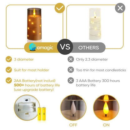 Amagic Grey Battery Operated Candles with Embedded Fairy Lights, Acrylic Fake Pillar LED Flameless Candles with Remote and Timer for Wedding Home Decor, Set of 6, D3 x H4 5" 6"