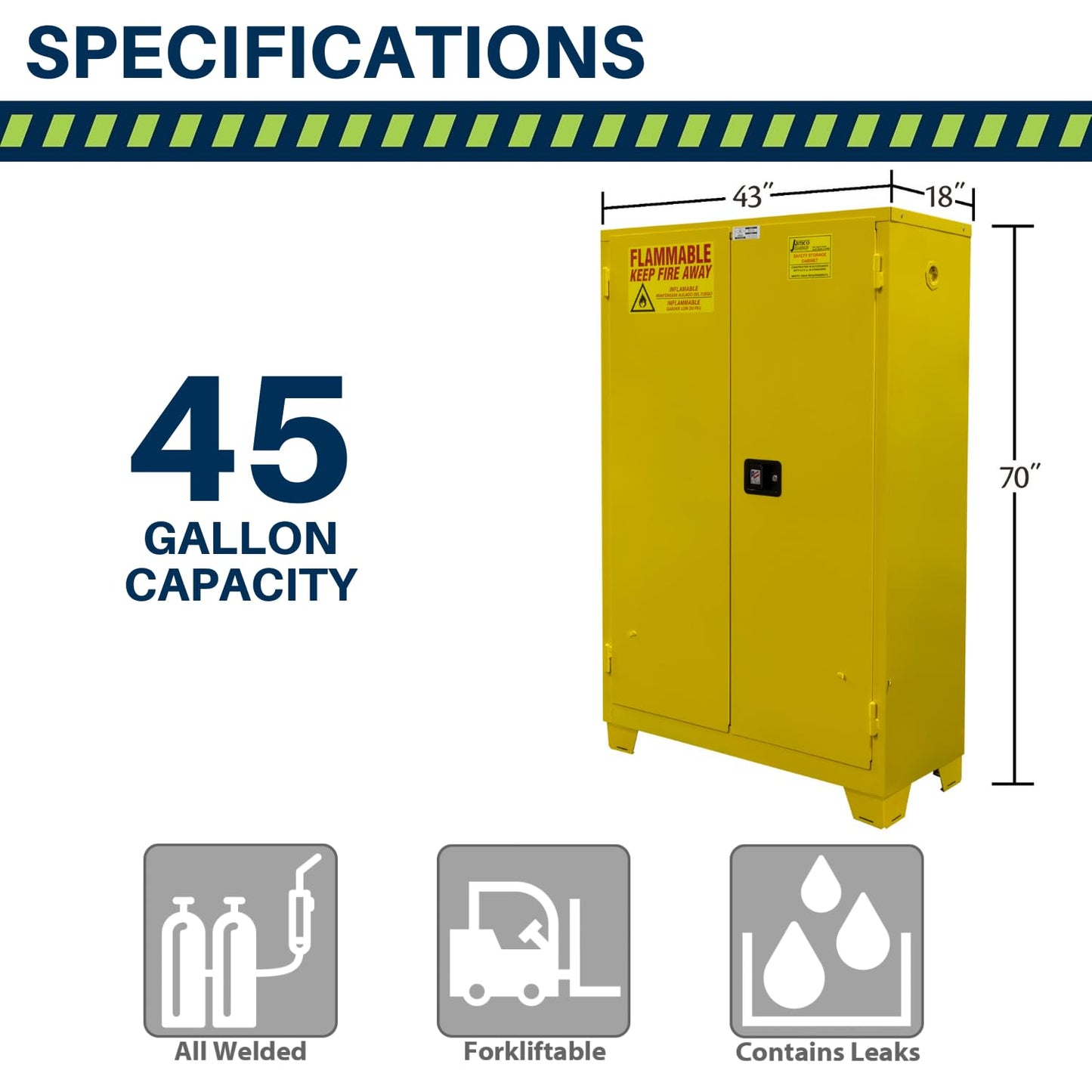 Jamco 45 Gallon Flammable Safety Cabinet, Steel Flammable Storage Cabinet with Lockable Manual Closing Doors, Forkliftable, 43" x 18" x 70", Yellow