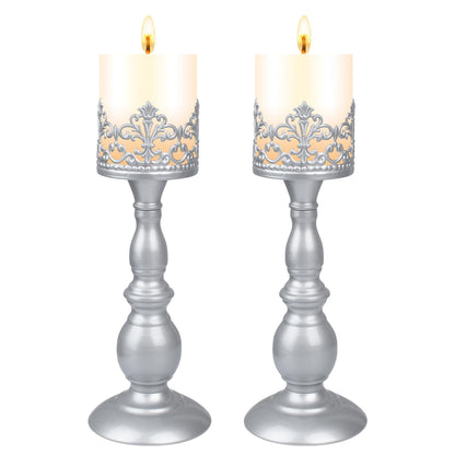 Candle Holders for Pillar Candles Gothic Matte Pearl Silver Tall Candle Holders Set of 2 Decorative Large Table Centerpieces Candle Stand Decor (Pearl Silver 2PCS A)
