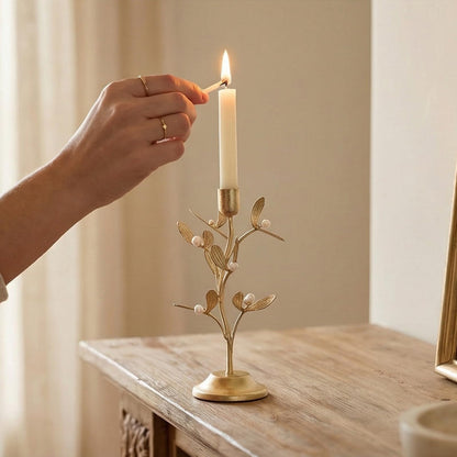 Candle Stick Holder Table Decor - Elegant Golden Metal Mistletoe Candle Holder Decorative for Coffee Gold for Living Room Symbol of Love and Life Flower Gifts 4.6 x 4.6 x 10 Inch Guichifun
