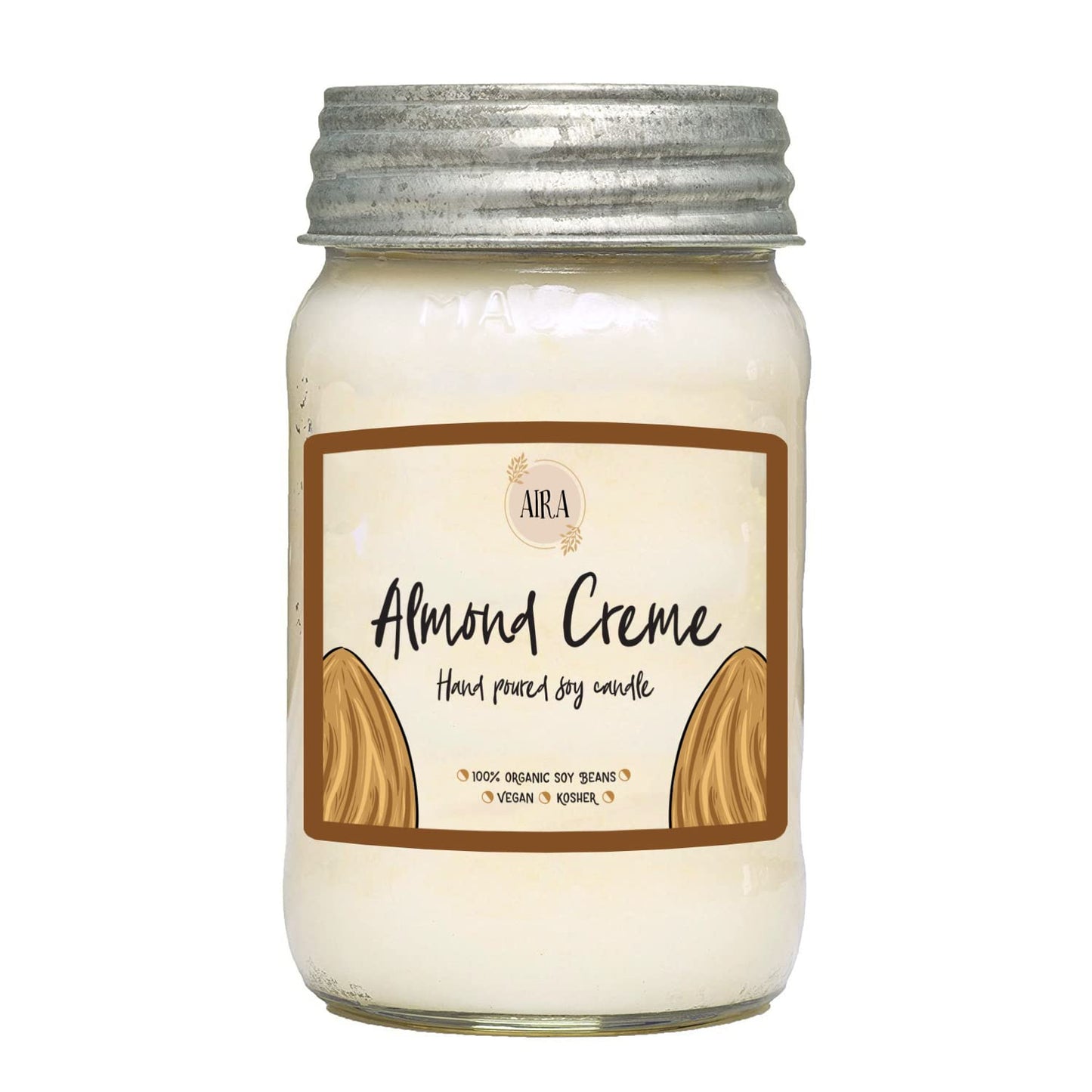 Aira Soy Candles - Organic, Kosher, Vegan, in Mason Jar w/Therapeutic Grade Essential Oil Blends - Hand-Poured 100% Soy Candle Wax - Paraffin Free, Burns 110+ Hours - Almond Creme -16 Ounces