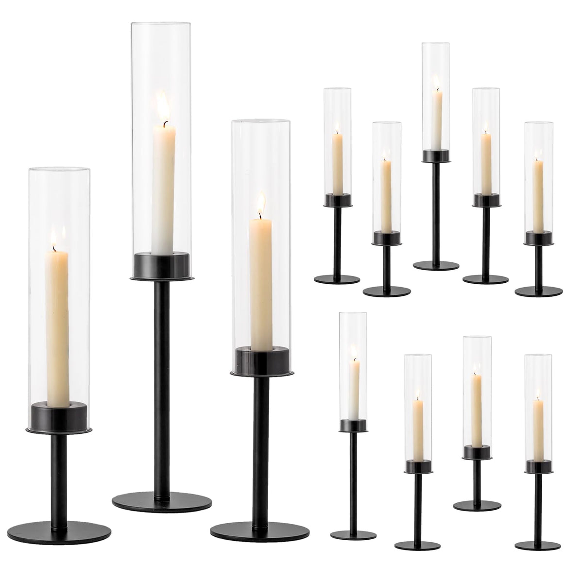 Hewory Black Candlestick Holders Hurricane Candle Holder, 12Pcs Candle Stick Candle Holder Candelabra, Taper Candle Holders with Glass Candle Cover for Wedding Table Centerpiece Christmas Decor