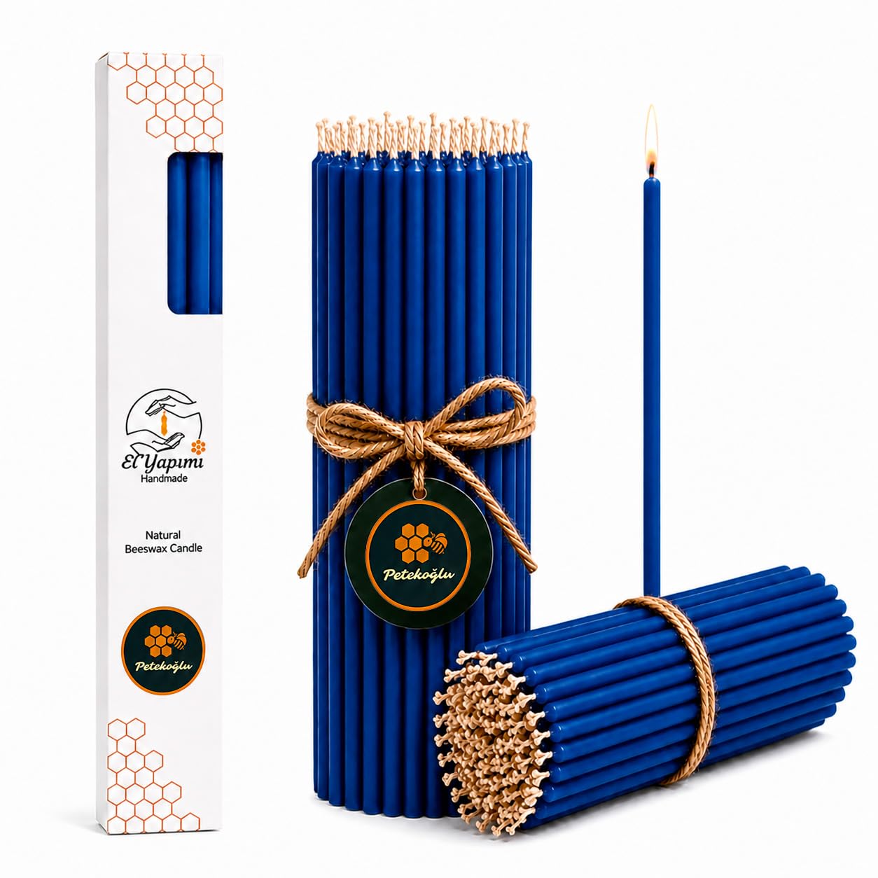Petekoğlu 15-Pack Beeswax Wish Candles – Handcrafted, Drip-Free, Smoke-Free Slim Taper Candles for Rituals, Meditation, Birthday & Home Décor – Natural Honey Scent 7.87” x 0.24” (Deep Blue)
