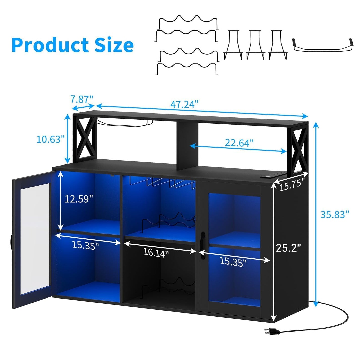 BouPower 47" Wine Cabinet with LED Light, Home Coffee Cabinet with Wine Rack and Glass Holder, Coffee Bar Buffet Sideboard Storage with Power Outlets, for Living Room, Dining Room, Black
