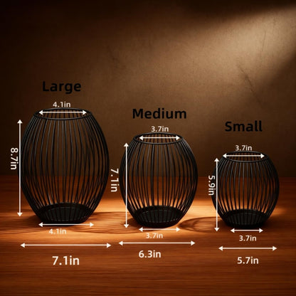 Black Candle Holder Set – Modern Metal Wire Black Candlestick Holders for Pillar Candles, Decorative Round Cage Candle Lanterns for Table, Shelf, or Home Décor