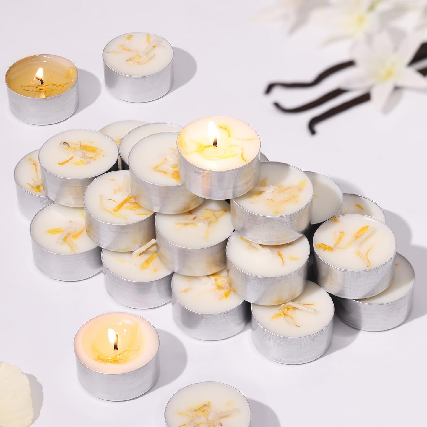 16 Pcs Vanilla Scented Tealight Candles, 6H Long Burning - 100% Palm Wax Based Scented Tea Lights with Dried Flowers, Non-Toxic/Smokeless Tea Lights Candles Bulk for Spa, Bath, Wedding