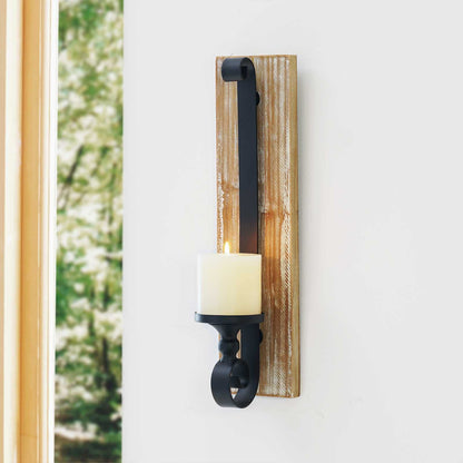 Wall Sconce Candle Holder (Set of 2) Black Wall-Mount Metal and Wooden Candle Holders for Living Room, Bathroom, Dining Room