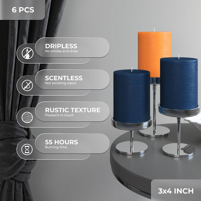 CANDWAX 3x4 Inch Dark Blue and Orange Pillar Candles Bundle - 3 Dark Blue and 3 Orange Candles - Unscented Decorative Candle - 6 Pack