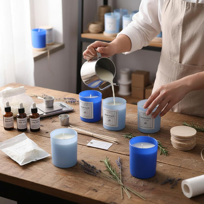 REISEN 12Pcs Assorted Blue Candle Jars, 10oz Glass Candle Containers for DIY Gifts and Storage, Frosted Blue Glass Jars with Bamboo Lids and Labels