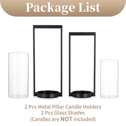 Sziqiqi Hurricane Candle Holder for Pillar: Black Modern Candle Holders for Table Centerpiece - Geometric Candle Stand Set of 2 with Glass for Living Room Fireplace Christmas Decor