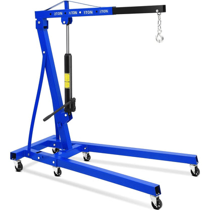 2 Ton Folding Hydraulic Engine Hoist - Cherry Picker Shop Crane, 4400 Lbs Hydraulic Engine Lift with Telescopic Boom, 6 Casters for Garage, Workshop, Auto-Repair, Heavy Duty, Easy Mobility, Blue
