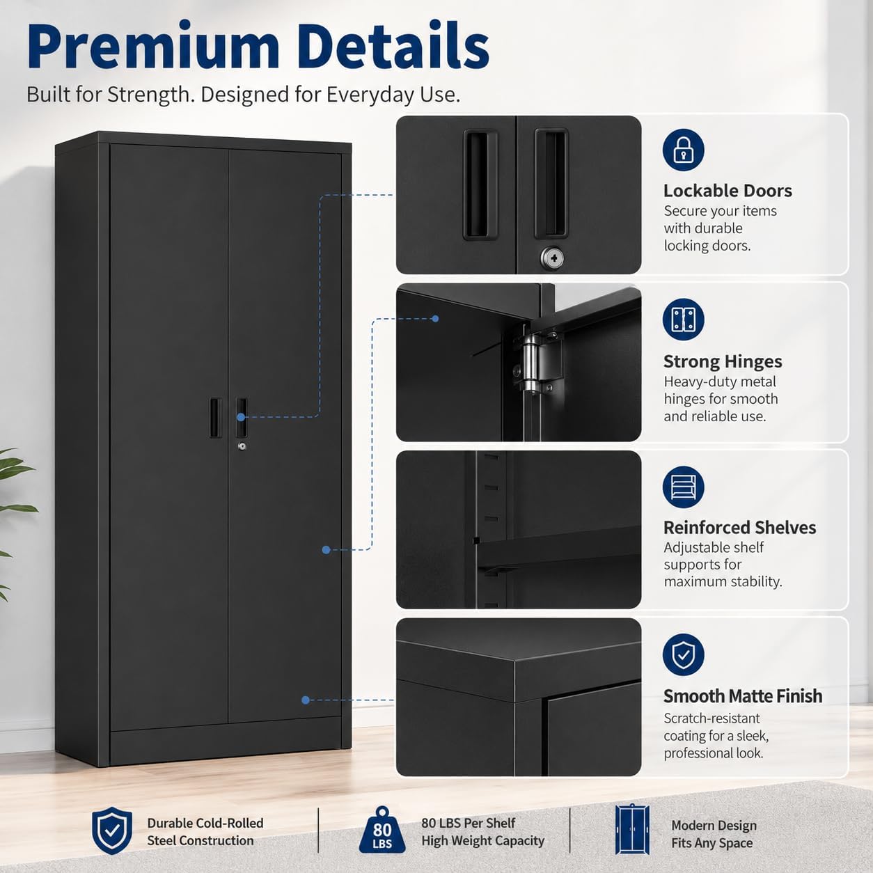 GarveeHome 71in Heavy-Duty Locking Steel Storage Cabinet, Double Doors, Four Adjustable Shelves, for Garage Pantry Office Workshop, Black