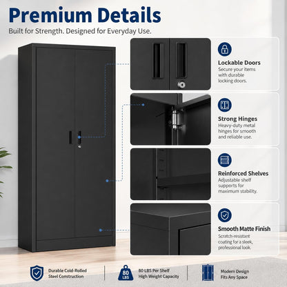 GarveeHome 71in Heavy-Duty Locking Steel Storage Cabinet, Double Doors, Four Adjustable Shelves, for Garage Pantry Office Workshop, Black