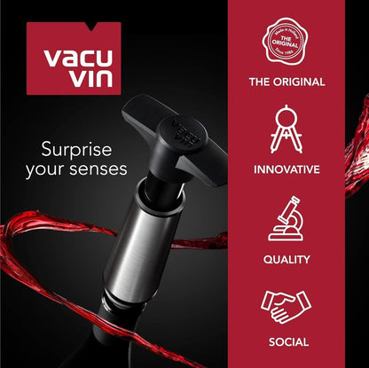 Vacu Vin Wine Saver Pump Gray with Vacuum Wine Stopper - Keep Your Wine Fresh for up to 10 Days - 1 Pump 8 Stoppers - Reusable - Made in the Netherlands