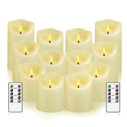 kakoya Flameless LED Candles Battery Operated with Remote and Timer,Flickering Electric Fake Plastic Pillar Candles Set of 12(D3 x H 3" 4" 5") Ivory