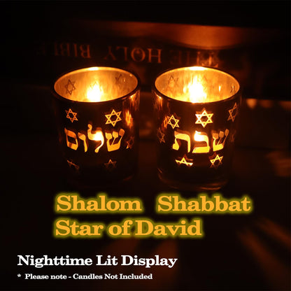 ZIVOSELY Set of 2 Glass Shabbat Candle Holders, Thickened Heat-Resistant Electroplated Glass Tea Light Holders for Jewish Judaica Sabbath Hanukkah Gifts, Gold & Silver