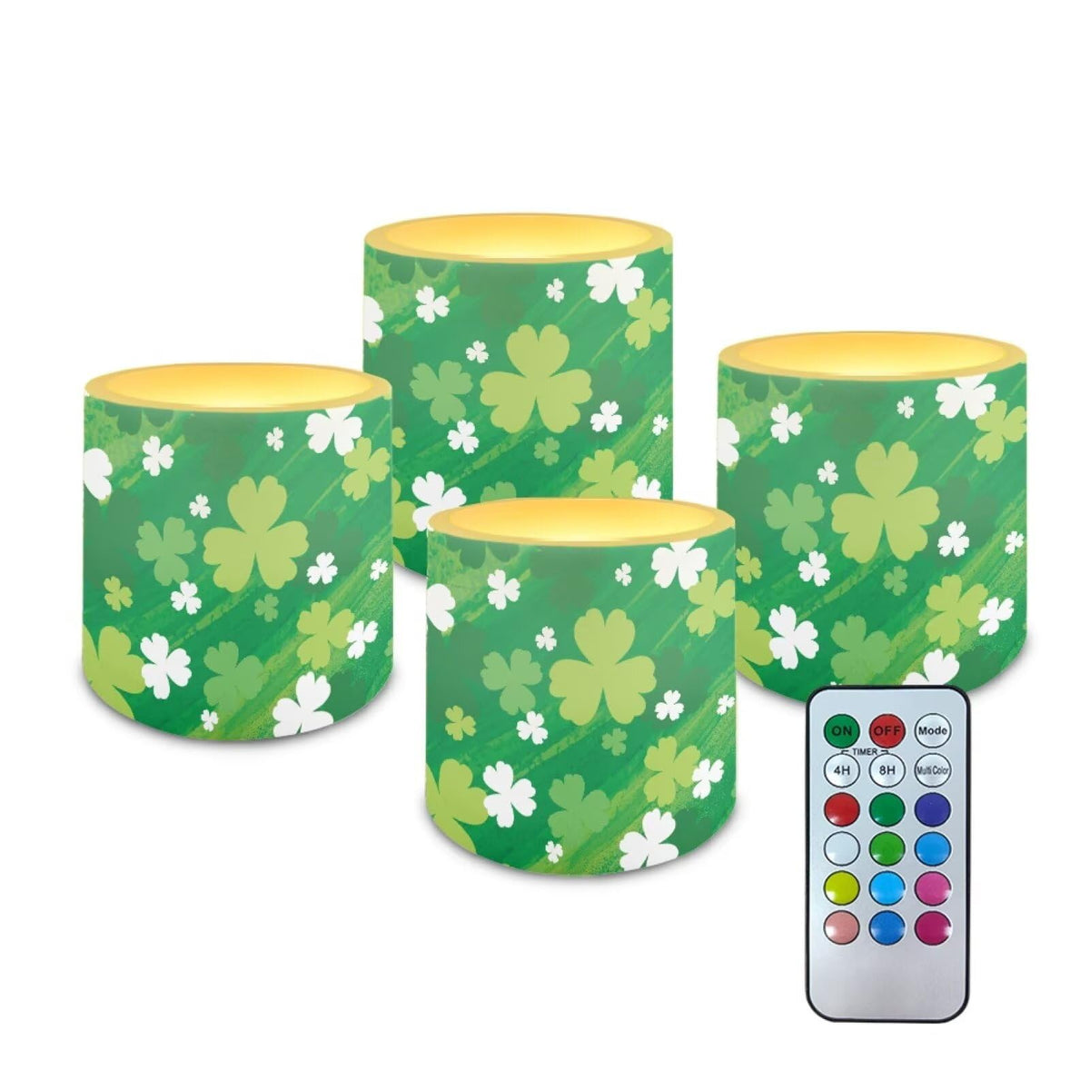 Merkmak Set of 4 Painting Shamrocks Flameless Candles Battery Operated LED Candles with Timer, St Patricks Day Real Wax Tea Lights for Patio Porch Party Home Decorations