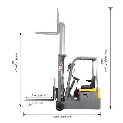 Apollo Full Electric Seated Forklift, 3 Wheels Powered Pallet Stacker 3300 lbs Cap. 189" Lifting Height, Rear-Drive Lithium Battery Version, A-3045