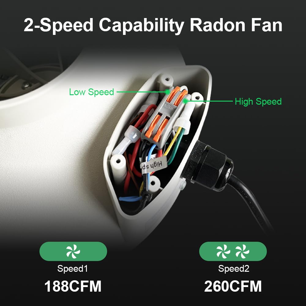 Dcfairfan 4 Inch Radon Fan, Quiet 2 Speed 260/188CFM Radon Mitigation System Inline Duct Fan IP67 Waterproof, High Airflow Exhaust Fan for Indoor Outdoor Air Ventilation