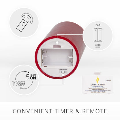 Luminara Flameless Flickering Melted Edge Set of 3 Candles, Battery Operated & Timer Function, Remote Included, Unscented Paraffin Burgundy Wax LED Light Pillar, Christmas Holiday Décor