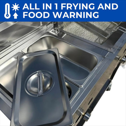 Deep Fryer Cart | 3 Gallon Single Tank | 2 Frying Baskets | 2 Pan Steam Table | Portable 4 Wheel | Stainless Steel | Frying Thermometer | Outdoor Propane Fryer for Chicken, Fish, & More
