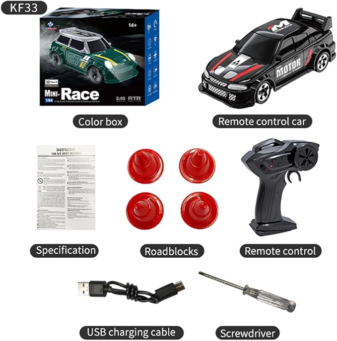 KF33 1:64 Scale Mini Drift RC Car with Full Proportional RTR 2.4GHZ Remote Control for Desktop Racing (Black)