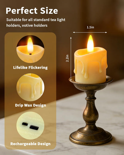 CAQUIRU Rechargeable Flameless Candles with Remote Timer, 1.5"x2" LED Tea Lights Candles Battery Operated, Electric Fake Flickering Votive Candles for Home Table Aniversary Wedding Decor (6 Pack)
