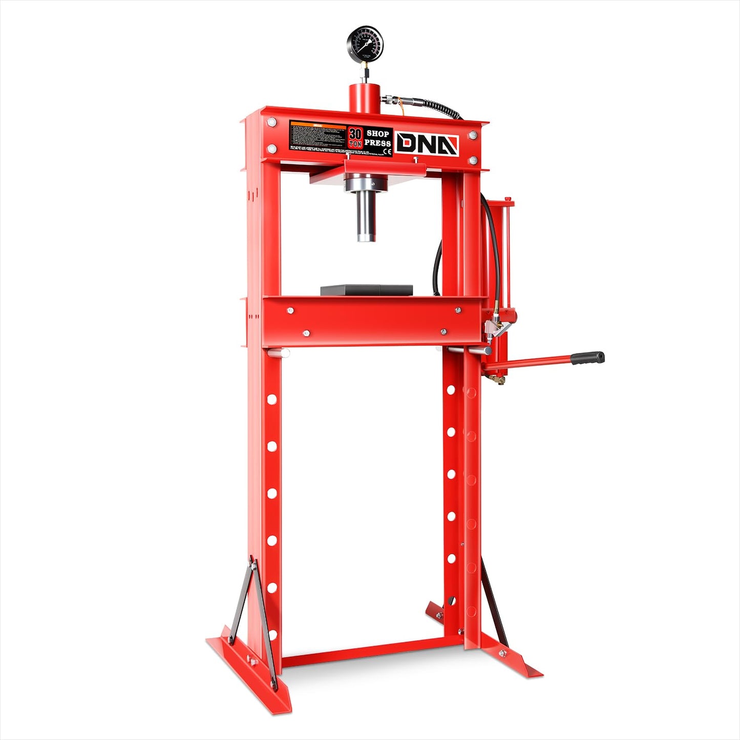 DNA Motoring 30 Ton Air Hydraulic Shop Press with Plates, H-Frame Garage Floor Press, 30T / 66139lbs, Adjustable Working Table Height, TOOLS-00292, Red