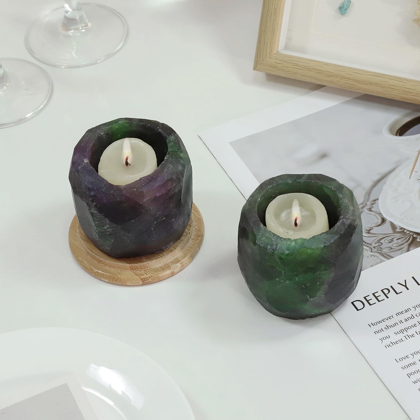 rockcloud Natural Raw Flourite Taper Tea Light Candle Holder Air Plant Holder Healing Stone Home Decoration Figurine