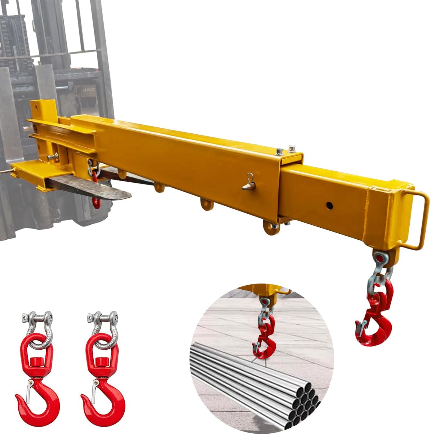 Adjustable Forklift Jib Boom Crane, 6000lbs Capacity Forklift Mounted Crane Manual Telescopes Heavy Duty Forklift Jib Crane with 2 Hooks for Warehouse, Factories