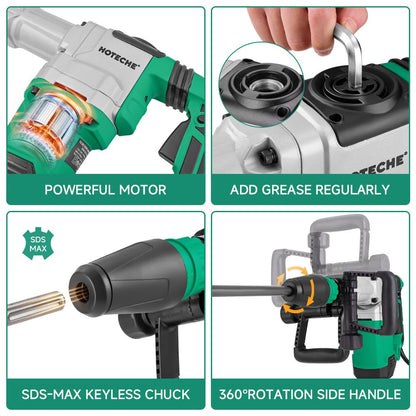 Hoteche 1500W SDS Max Electric Demolition Jack Hammer for Concrete Drilling with Drill Bit, Chisel and Carrying Case