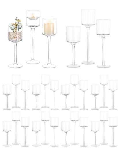 Glass Candle Holder for Table Centerpiece - Tall Tea Lights, Elegant Clear Long Stem for Pillar and Floating Candles - Wedding, Party, Home Decor Set of 30