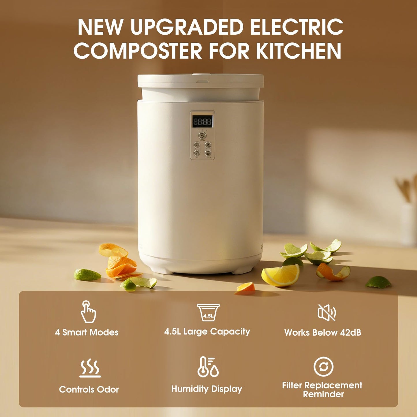 4.5L Electric Composter for Kitchen, Countertop Compost Bin with 820g Activated Carbon Filter, 4 Smart Modes, Odorless & Quiet Smart Compost Bin Kitchen, Turn Scraps to Pre-Compost