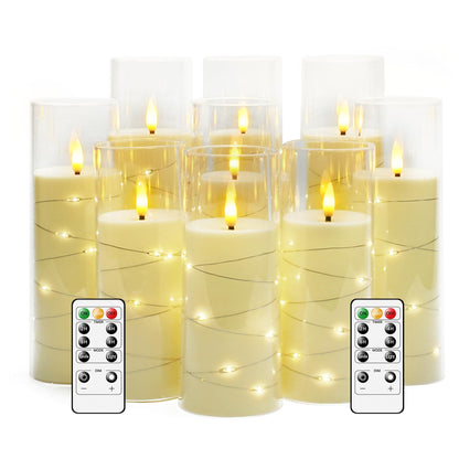 kakoya Flameless LED Candles with Timer 9 Pc Flickering Flameless Candles for Romantic Ambiance and Home Decoration Stable Acrylic Shell,with Embedded Star String，Battery Operated Candles（Ivory）