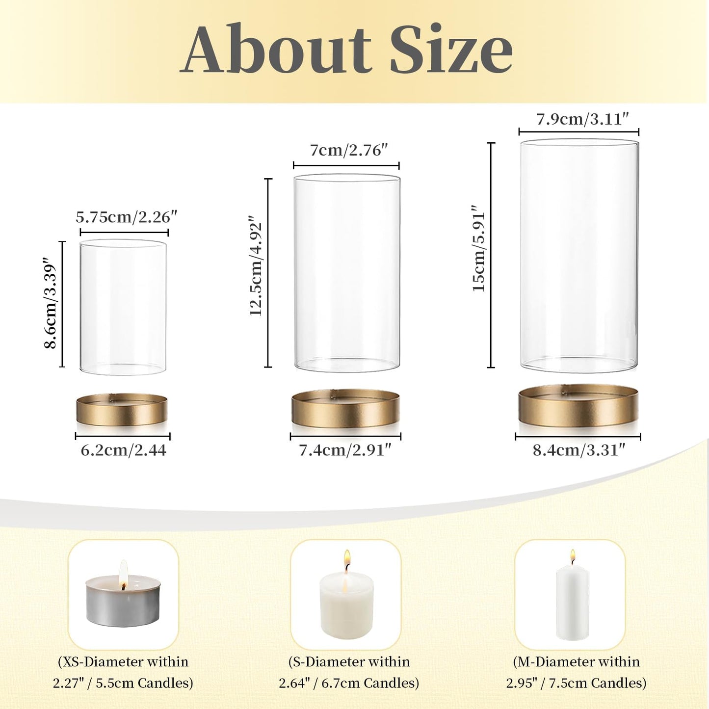 Hewory Hurricane Candle Holder for Pillar Candles: Gold Votive Candle Holders Set of 6, Glass Hurricane with Metal Candle Plate, Pillar Candle Holder for Table Centerpiece Wedding Holiday Home Decor
