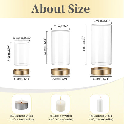 Hewory Hurricane Candle Holder for Pillar Candles: Gold Votive Candle Holders Set of 6, Glass Hurricane with Metal Candle Plate, Pillar Candle Holder for Table Centerpiece Wedding Holiday Home Decor