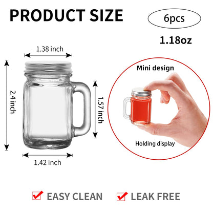 eispap 6 Pcs Mini Mason Jar with Handles,1.7oz/50ml,Premium Shot Glasses with Leakproof Lids for Drink,Dessert,Condiments,Jams,Candle,Craft (6)
