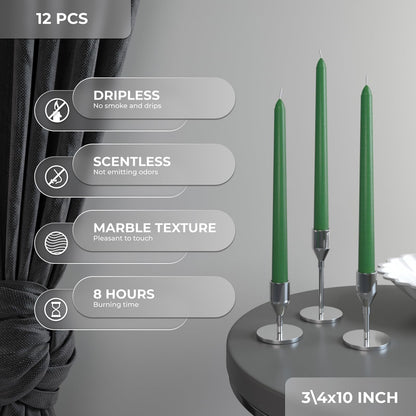 CANDWAX 10 inch Candlesticks Set of 12 - Dripless Taper Candles Perfect for Party or Decor - No Drip Green Candle