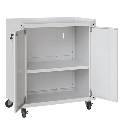 Manhattan Comfort Fortress Rolling Garage Storage Cabinet with 2 Adjustable Shelves, Lockable Metal Tool Compartment, Heavy-Duty Mobile Utility Organizer with Wheels, White